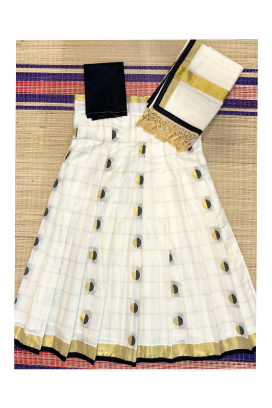 Southloom Cotton Semi Stitched Dhavani Set with  Polka Dots Check Pavada and Black Blouse Piece