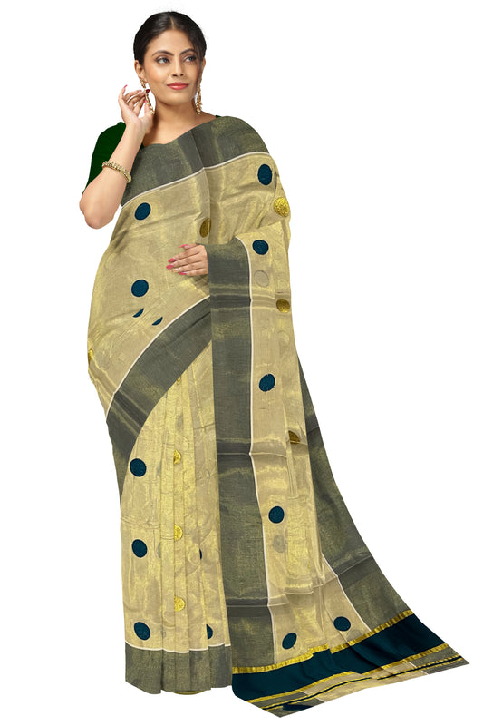 Kerala Tissue Kasavu Saree with Green Polka Woven Designs and Tassels Works