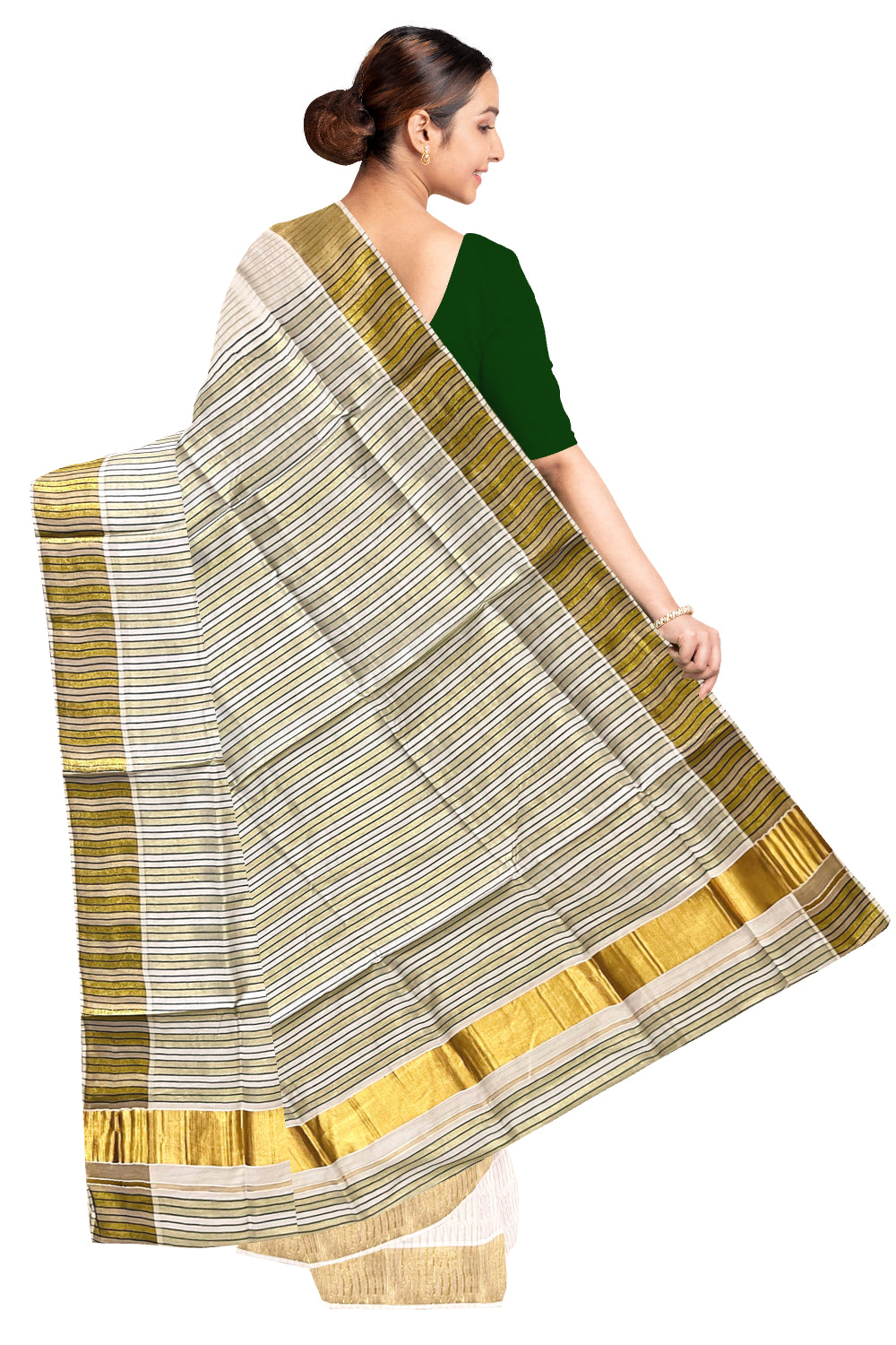 Pure Cotton Kerala Kasavu Saree with Lines Designs on Body and Green Lines on Munthani