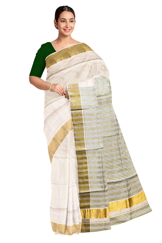 Pure Cotton Kerala Kasavu Saree with Lines Designs on Body and Green Lines on Munthani
