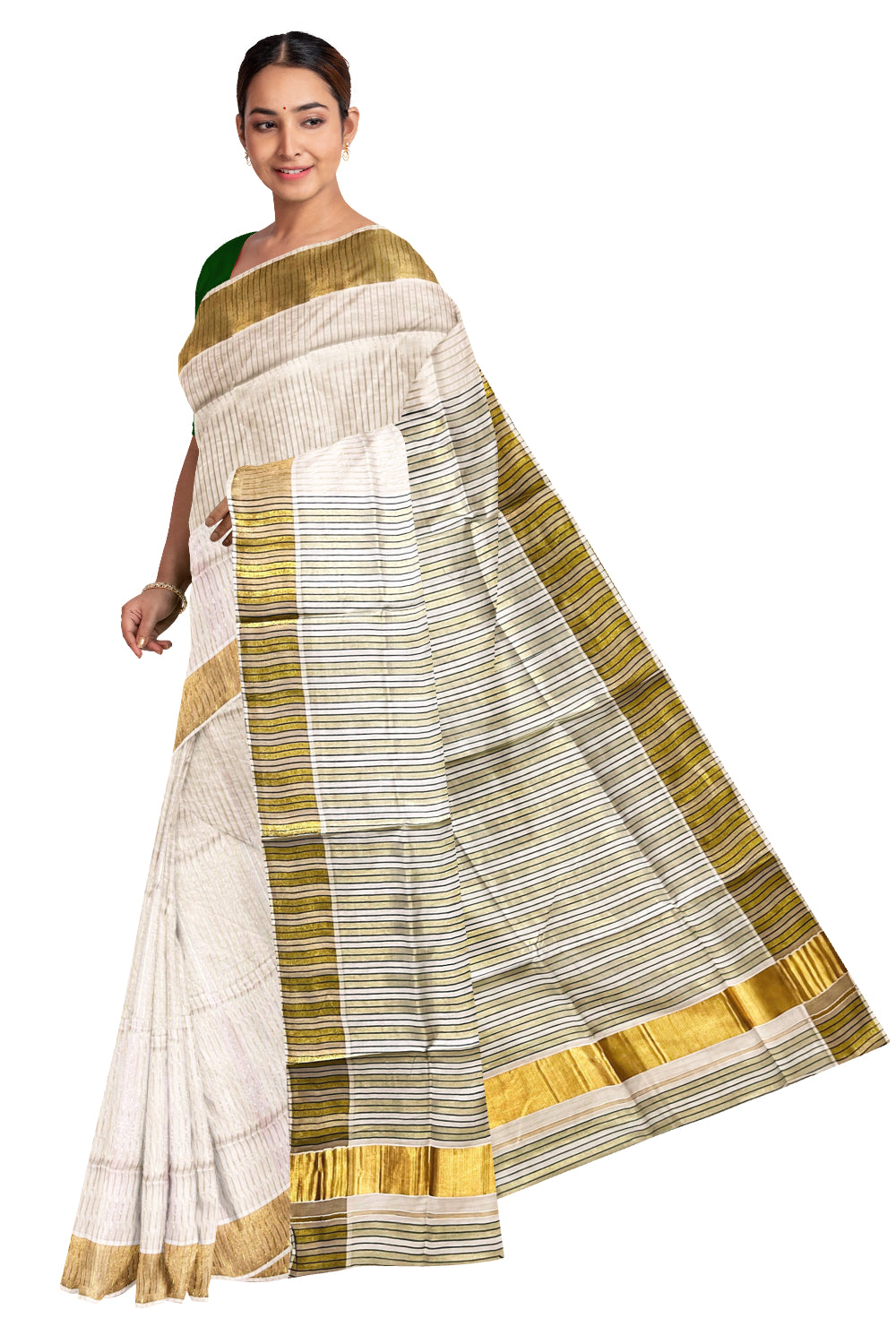 Pure Cotton Kerala Kasavu Saree with Lines Designs on Body and Green Lines on Munthani