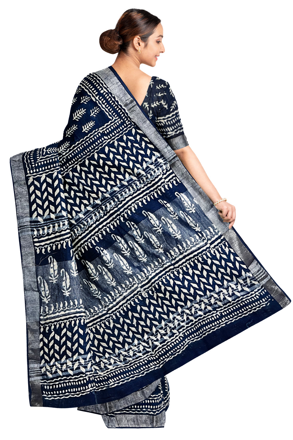 Southloom Linen Indigo Blue Designer Saree with White Prints (include Separate Blouse Piece)