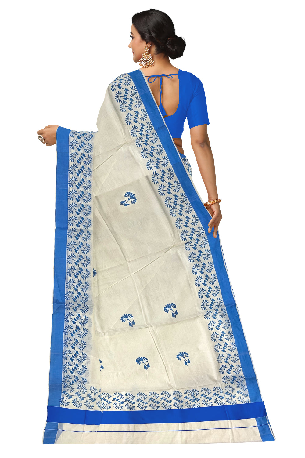 Kerala Pure Cotton Saree with Blue Block Prints on Border