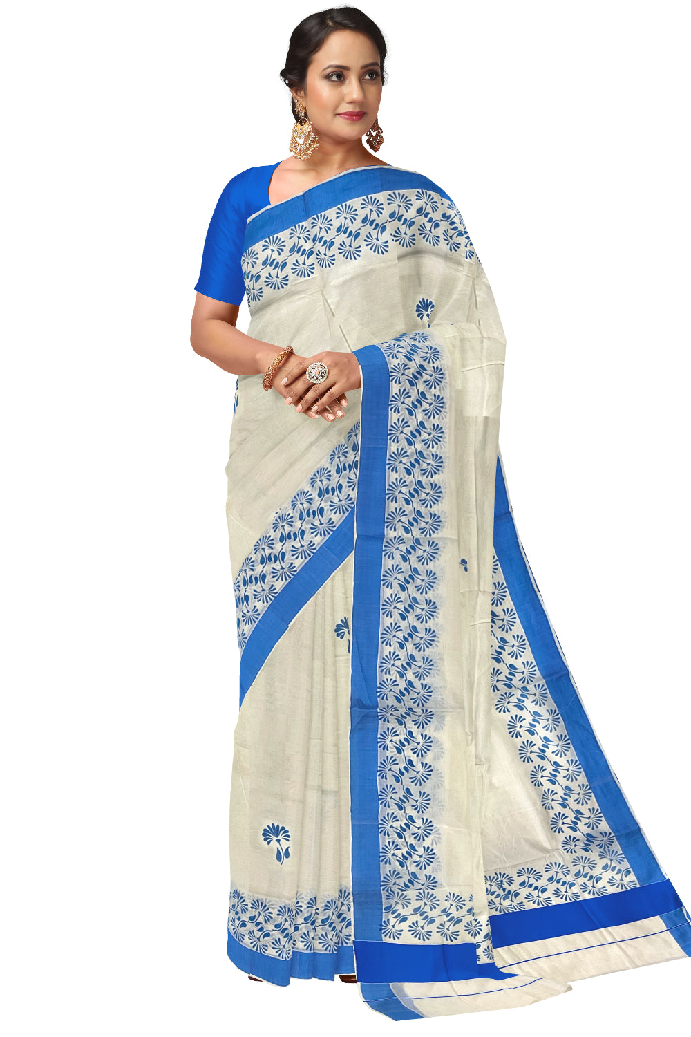 Kerala Pure Cotton Saree with Blue Block Prints on Border