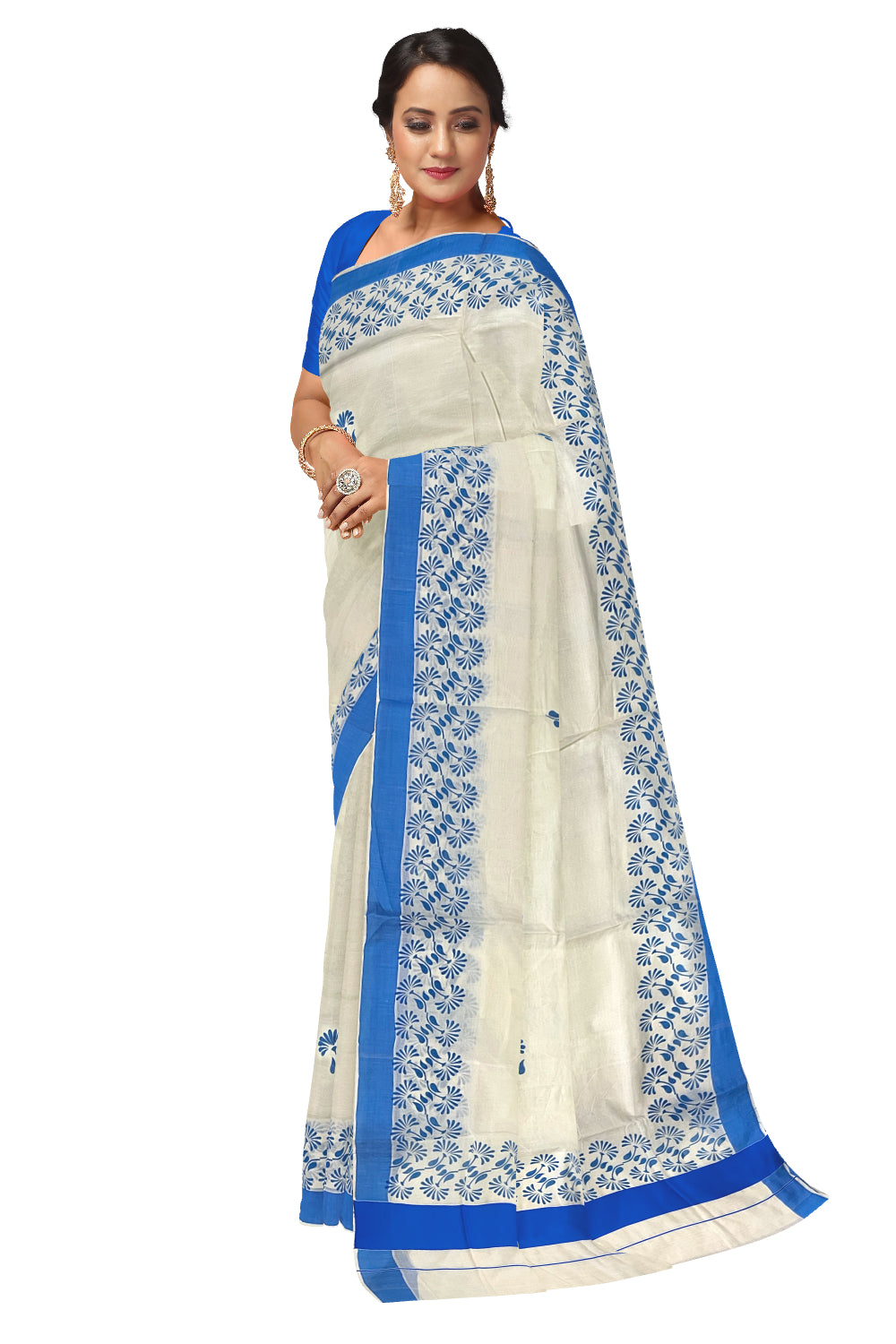 Kerala Pure Cotton Saree with Blue Block Prints on Border