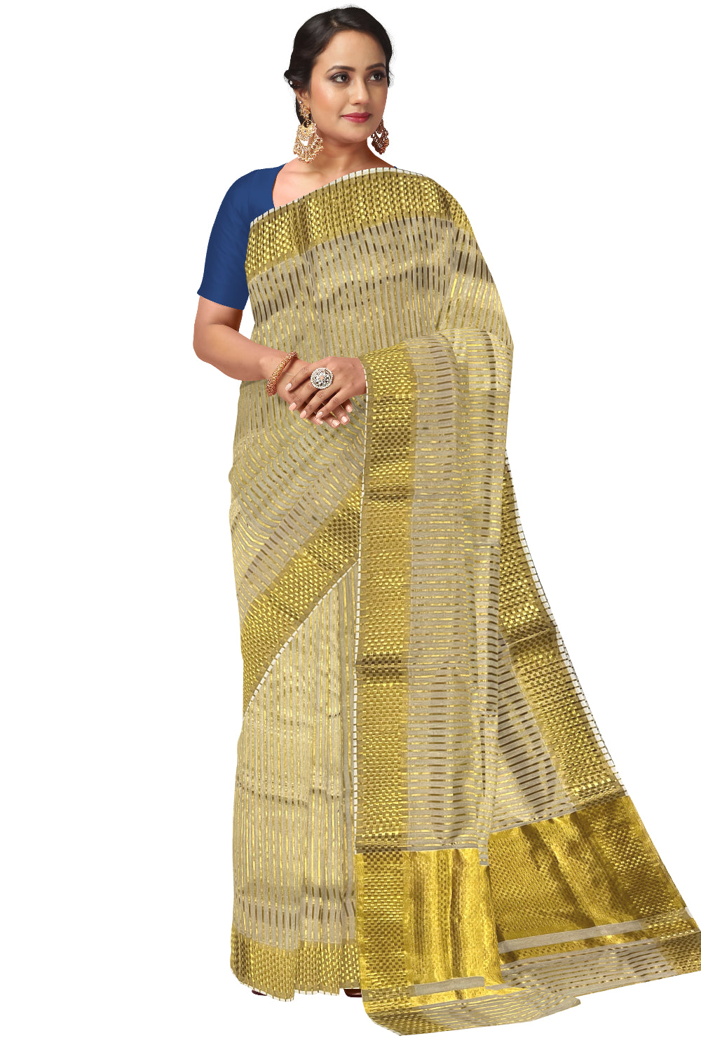 Southloom Premium Handloom Tissue Saree with Lines Across Body and Paa Neythu Border