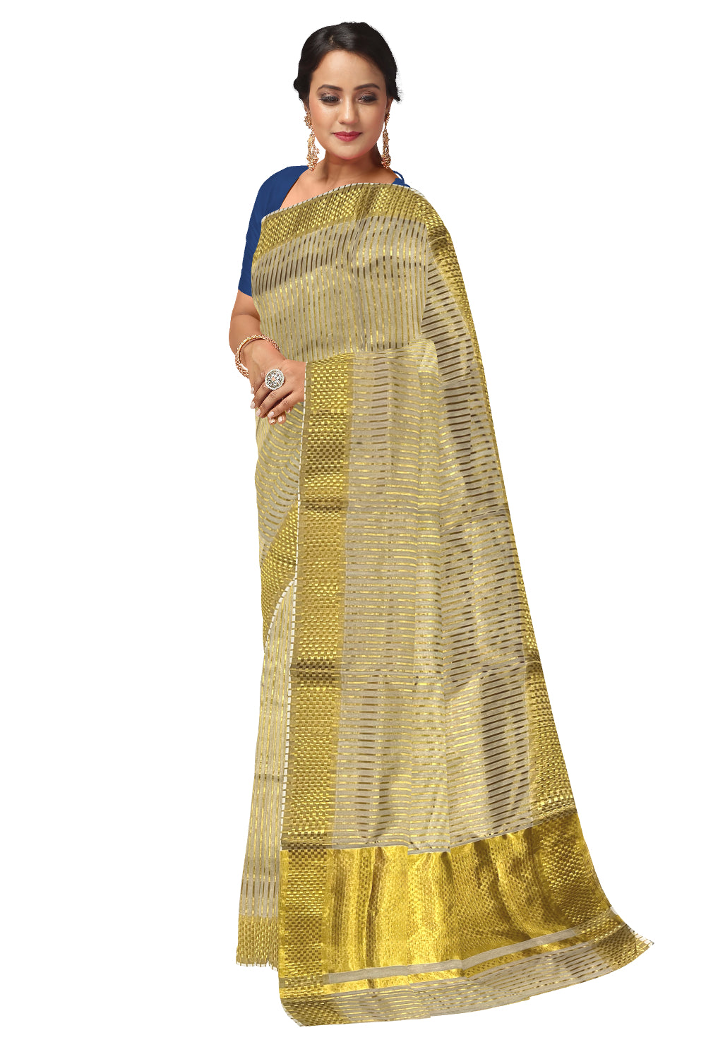 Southloom Premium Handloom Tissue Saree with Lines Across Body and Paa Neythu Border