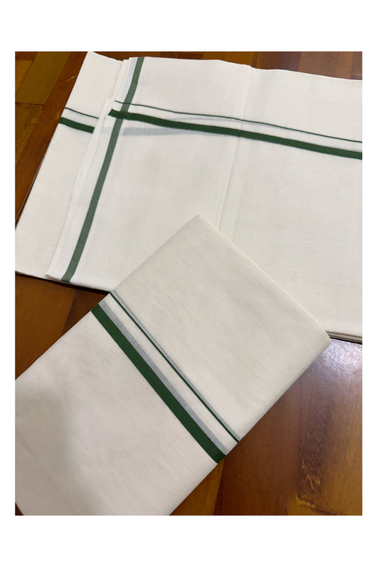 Kerala Cotton Single Puliyilakkara Set Mundu (Mundum Neriyathum) with 0.5 inch Green Border 2.80Mtrs