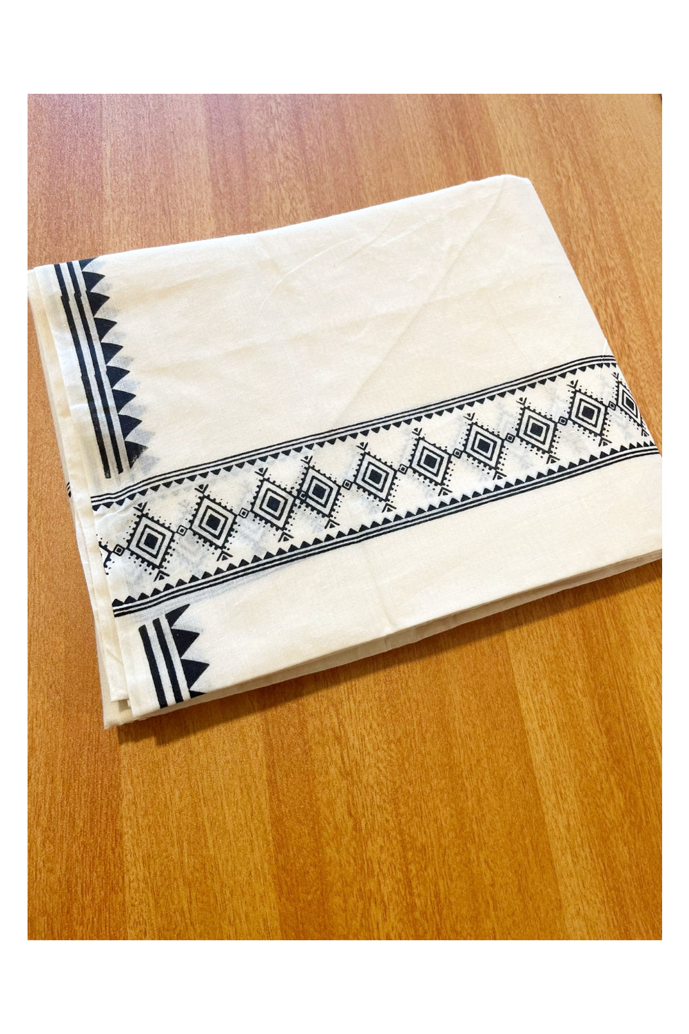 Pure Cotton Off White Double Mundu with Black Block Prints On Border (South Indian Kerala Dhoti)