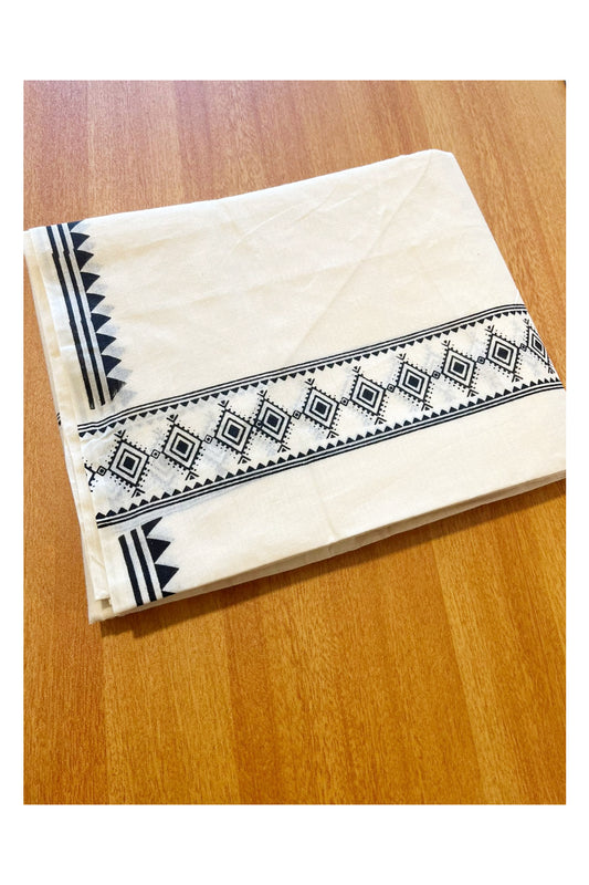 Pure Cotton Off White Double Mundu with Black Block Prints On Border (South Indian Kerala Dhoti)