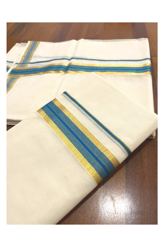 Kerala Cotton Mundum Neriyathum Single (Set Mundu) with Kasavu and Blue Border 2.80 Mtrs