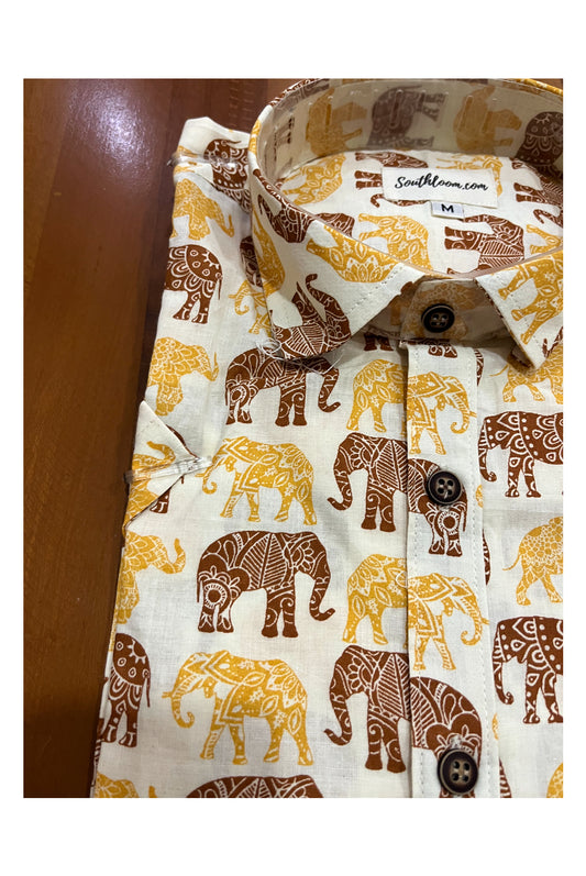 Southloom Jaipur Cotton Yellow Brown Elephant Hand Block Printed Shirt (Half Sleeves)