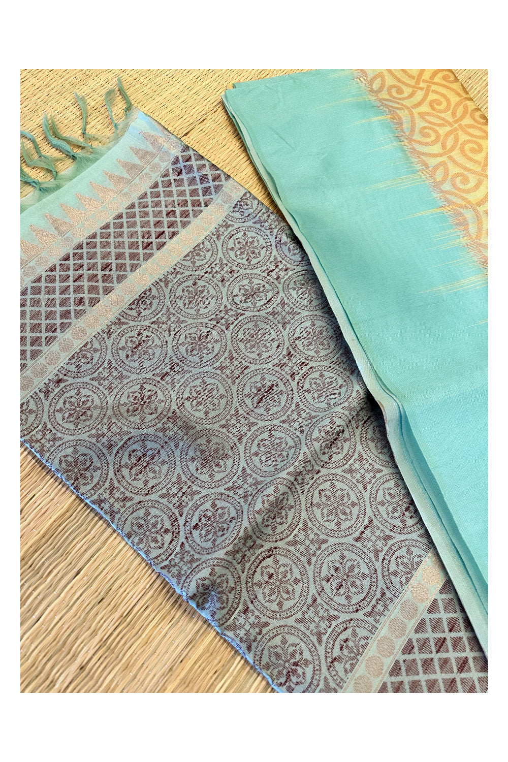 Southloom Semi Tussar Yellow Woven Saree with Turquoise Border