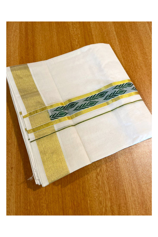 Southloom Premium Handloom Pure Cotton Mundu with Green and Kasavu Woven Border