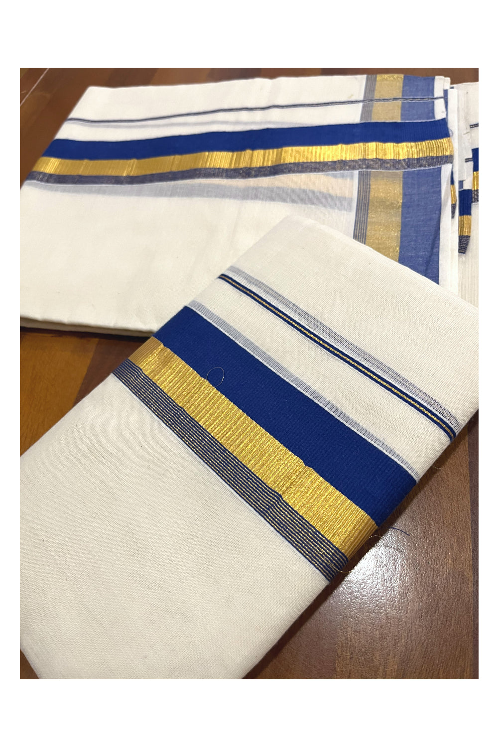 Pure Cotton Kerala Single Set Mundu (Mundum Neriyathum) with Blue and Kasavu Border 2.80 Mtrs (Onam Set Mundu 2023)