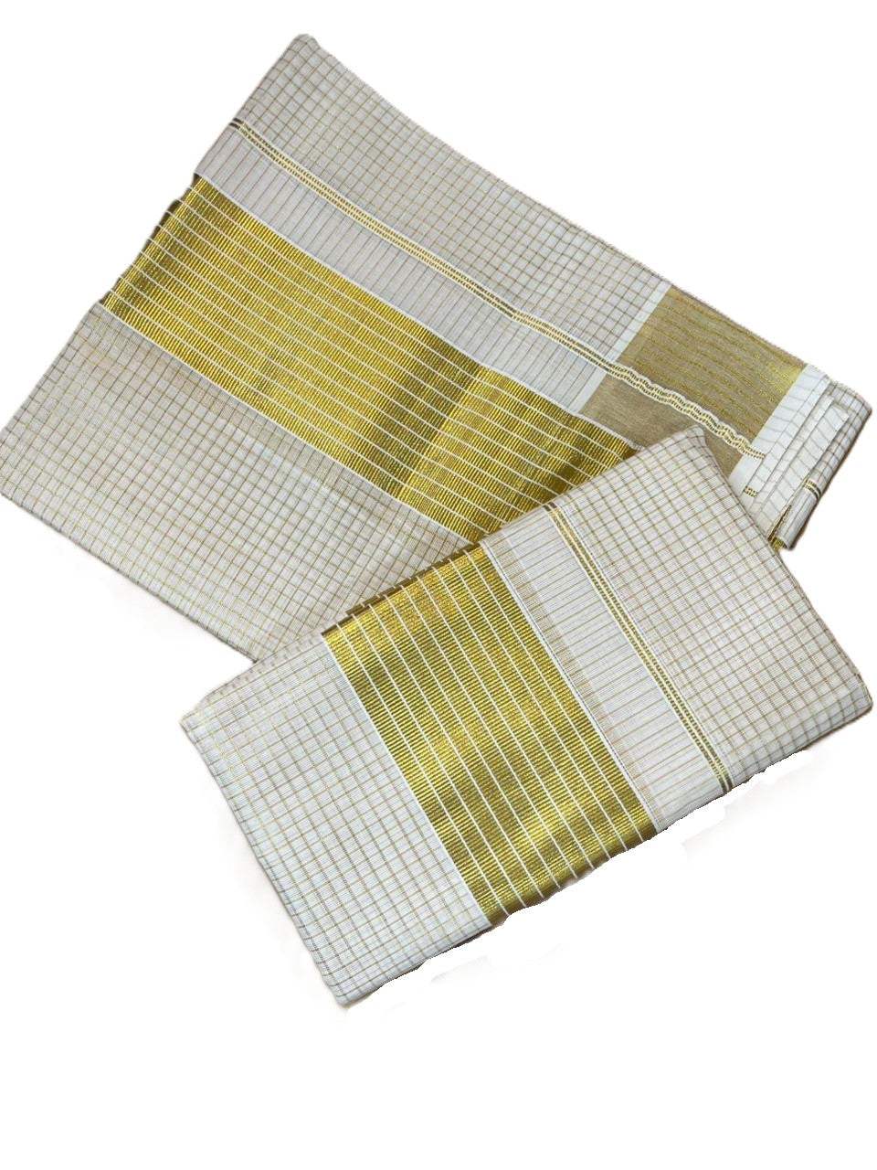 Southloom Kerala Tissue Single Set Mundu (Mundum Neriyathum) with  Kasavu Micro Check Across Body SL