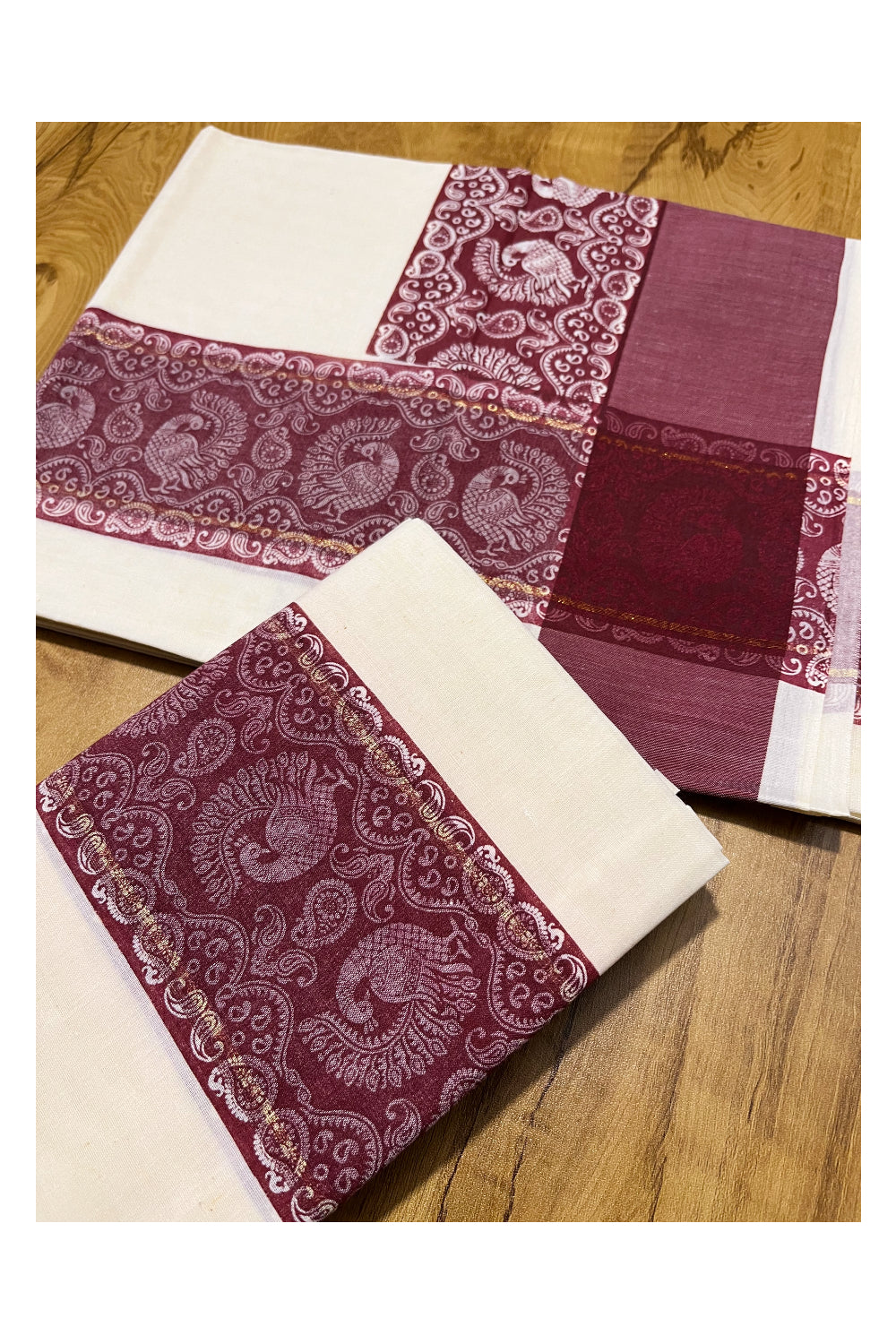 Kerala Cotton Single Set Mundu (Mundum Neriyathum) with Maroon Block print Border 2.80Mtrs