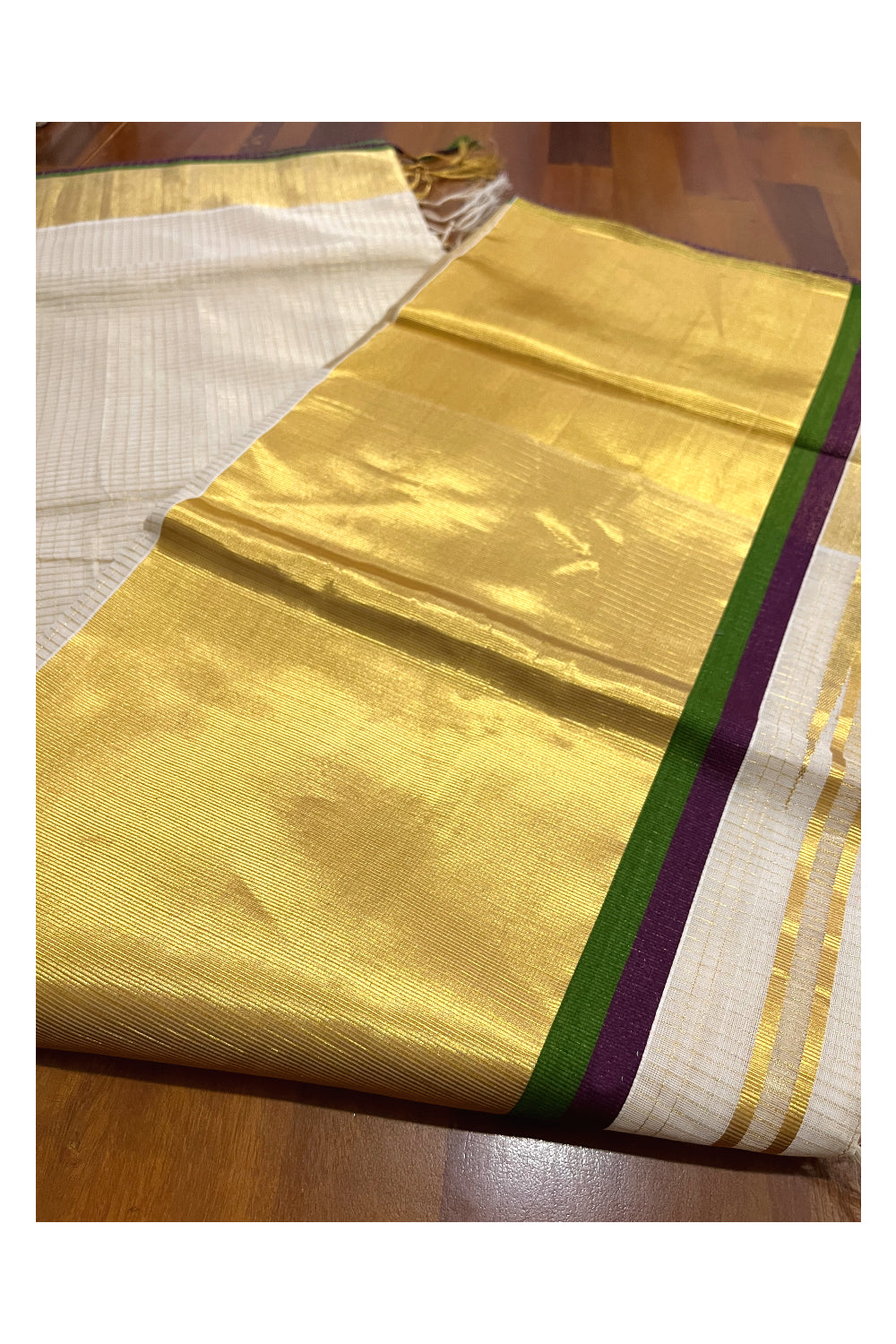 Southloom Handloom Premium Saree with Kasavu Micro Checks Across Body and Violet Green Border (Onam Saree 2023)