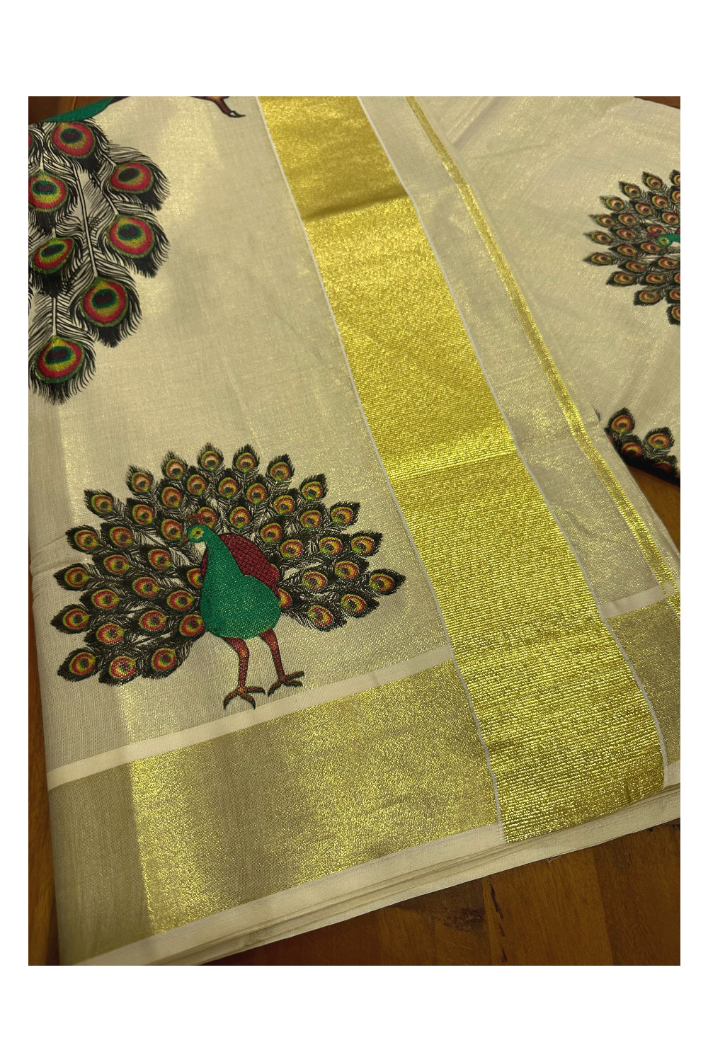 Kerala Tissue Kasavu Saree with Peacock Mural Prints (Onam Saree 2023)