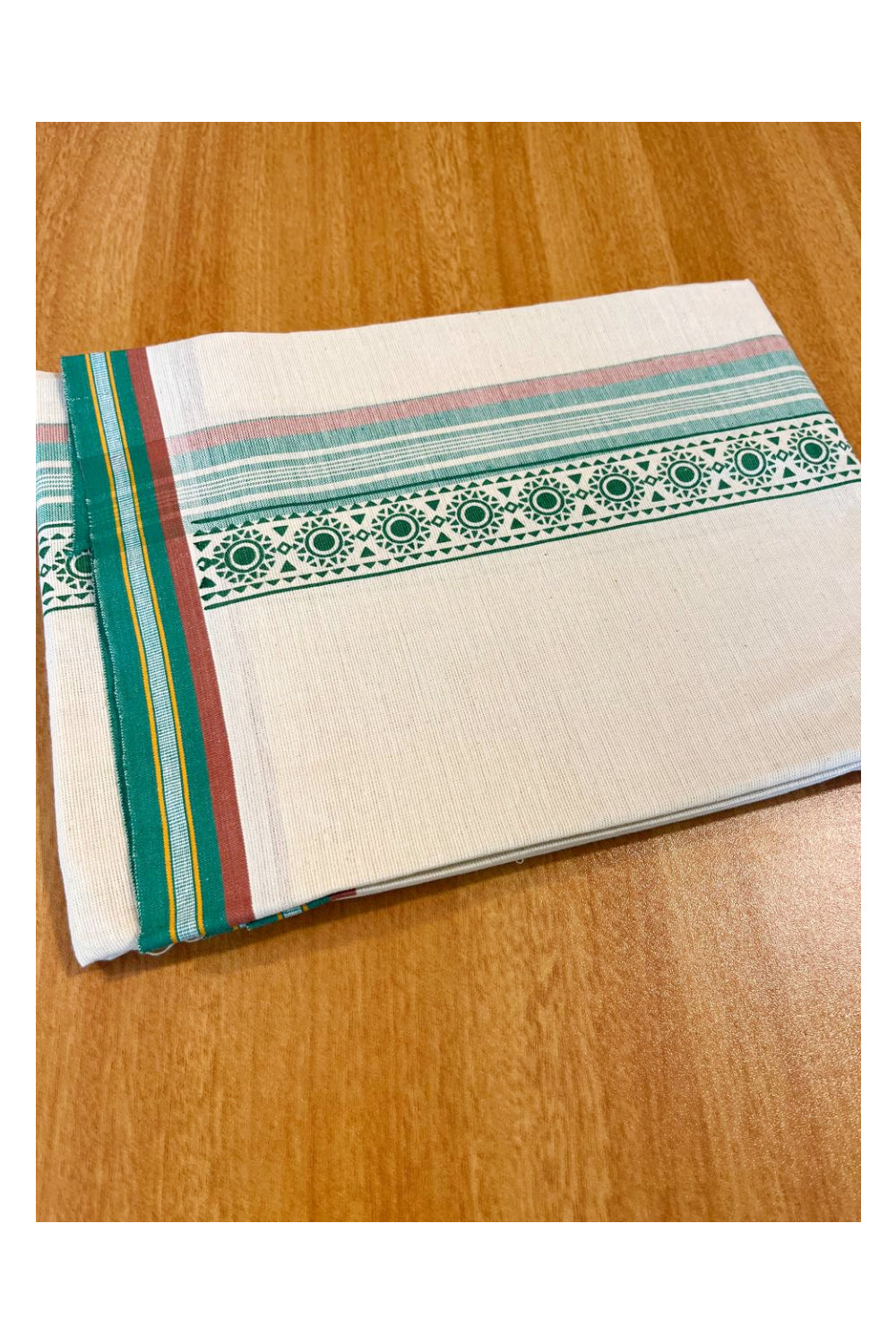 Southloom Off White And Green Brown Printed Single Mundu / Otta Mundu / Lungi (South Indian Kerala Dhoti)