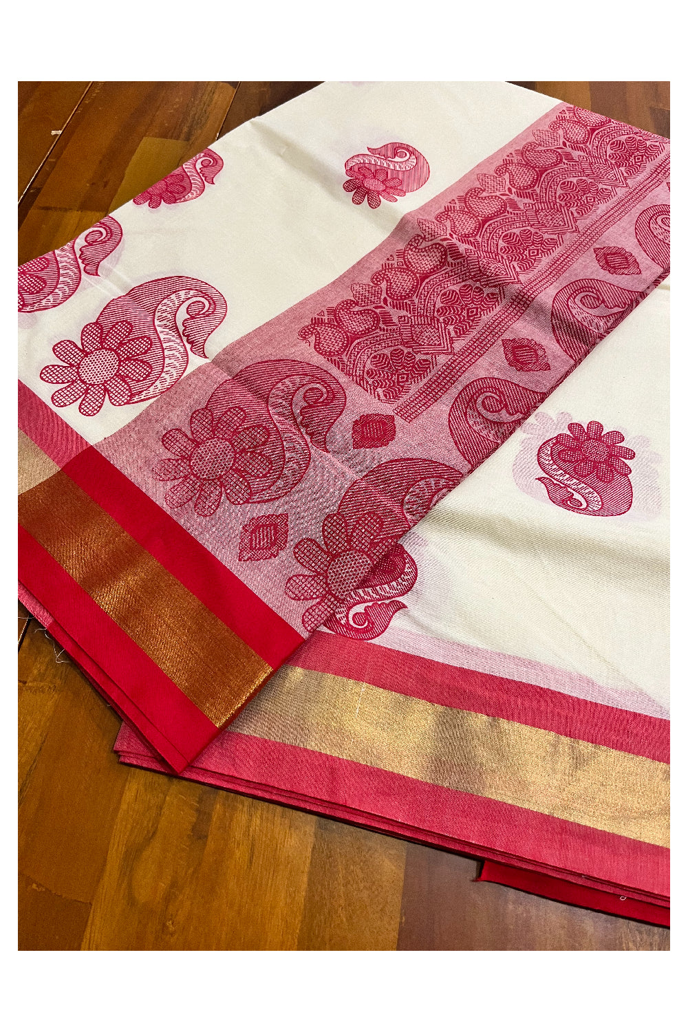 Pure Cotton Kerala Saree with Red Block Prints and Kasavu Border (Vishu 2024 Collection)