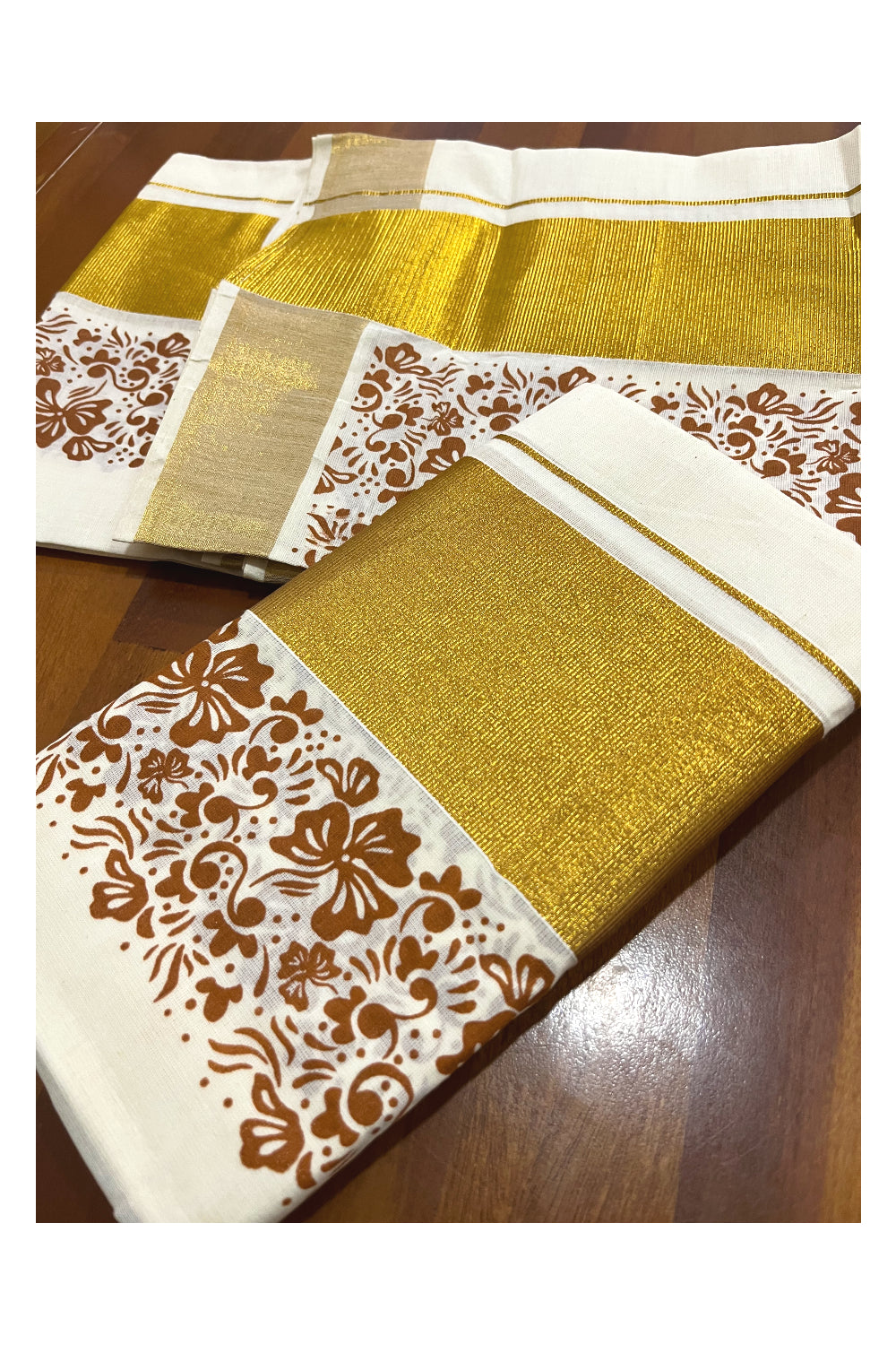 Pure Cotton Kerala Single Set Mundu (Mundum Neriyathum) with Brown Block Printed Kasavu Border