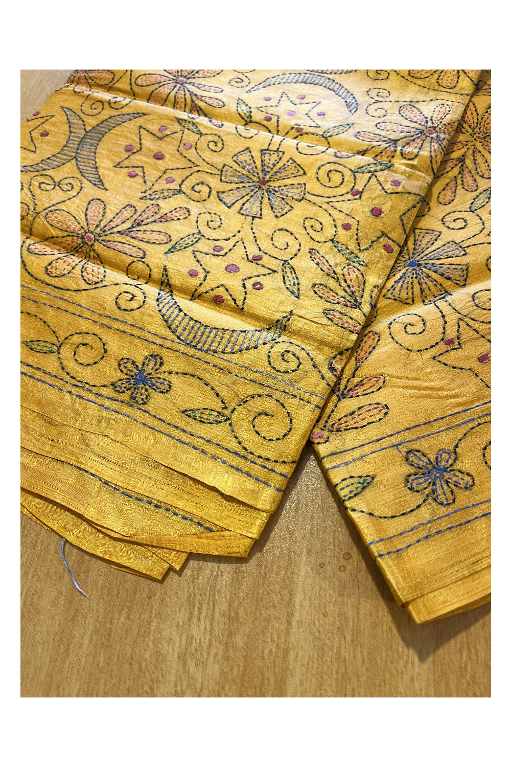 Southloom Kantha Thread Work Designer Yellow Saree