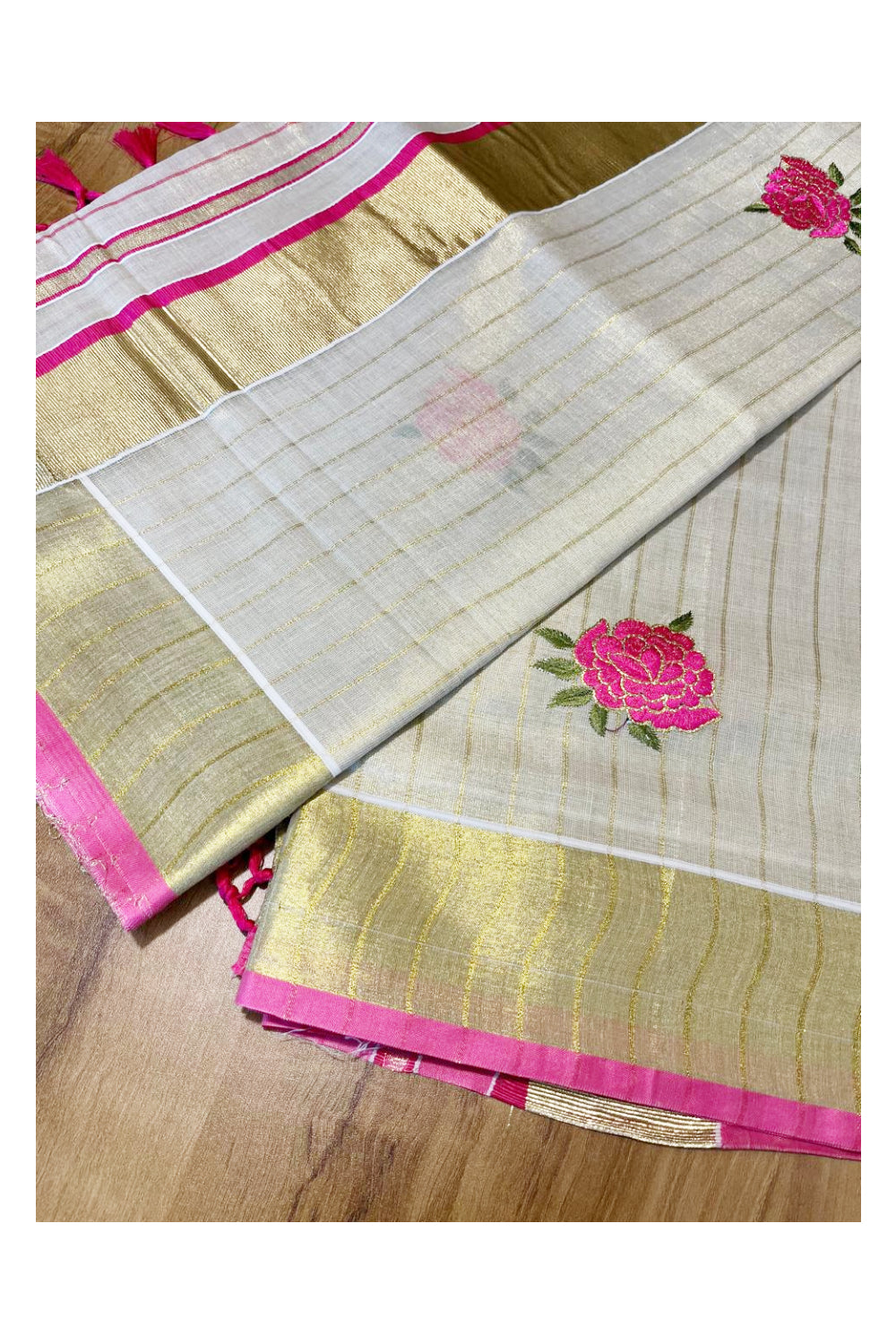 Southloom Kerala Tissue Kasavu Lines Saree with Pink Floral Embroidery Works