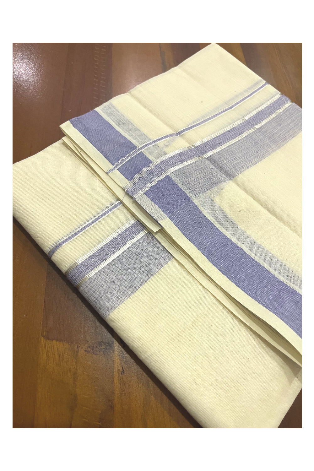 Pure Cotton Kerala Double Mundu with Violet and Silver Kasavu Kara (South Indian Kerala Dhoti)