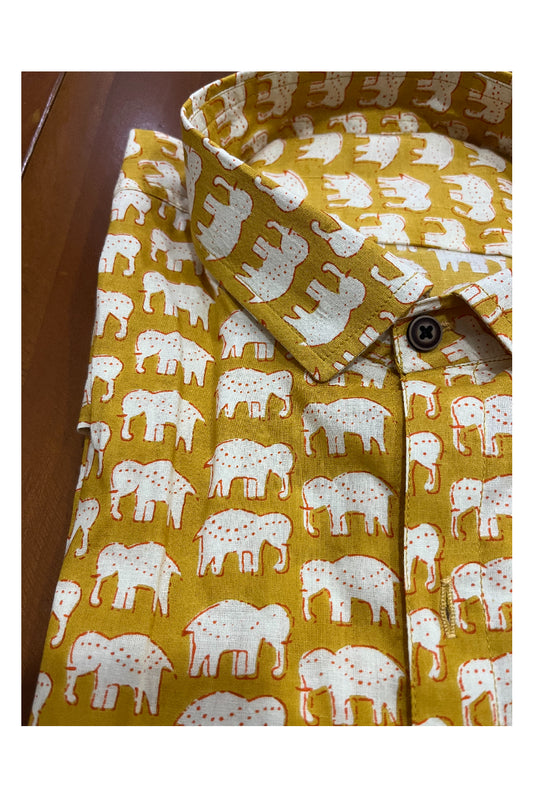 Southloom Jaipur Cotton Yellow Elephant Hand Block Printed Shirt (Full Sleeves)