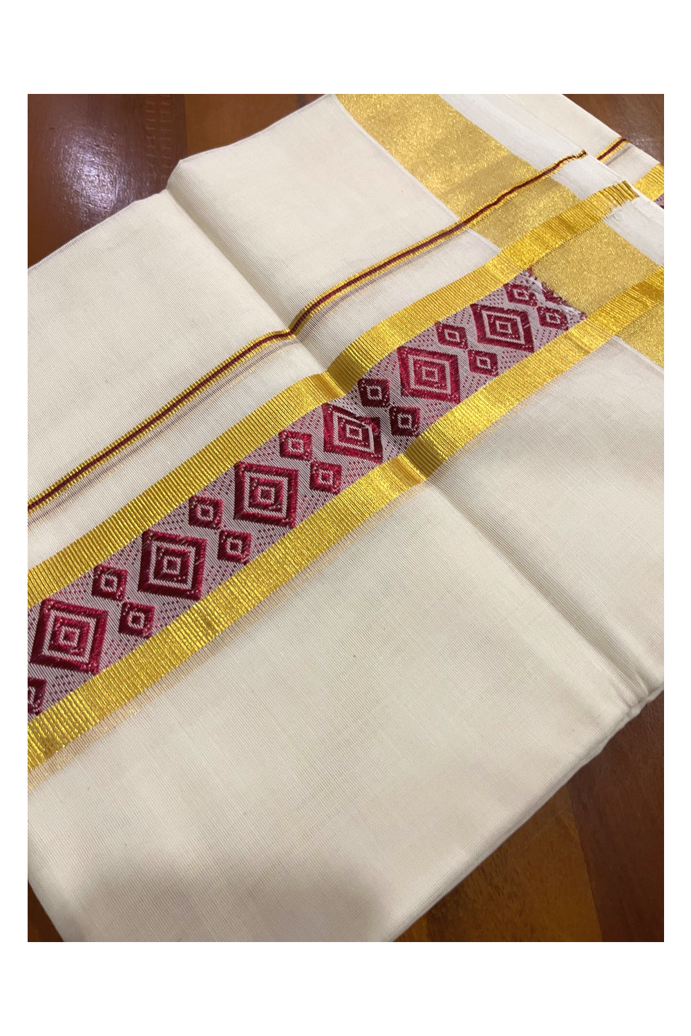 Southloom Premium Handloom Pure Cotton Mundu with Golden and Maroon Kasavu Woven Border (Onam Mundu 2023)