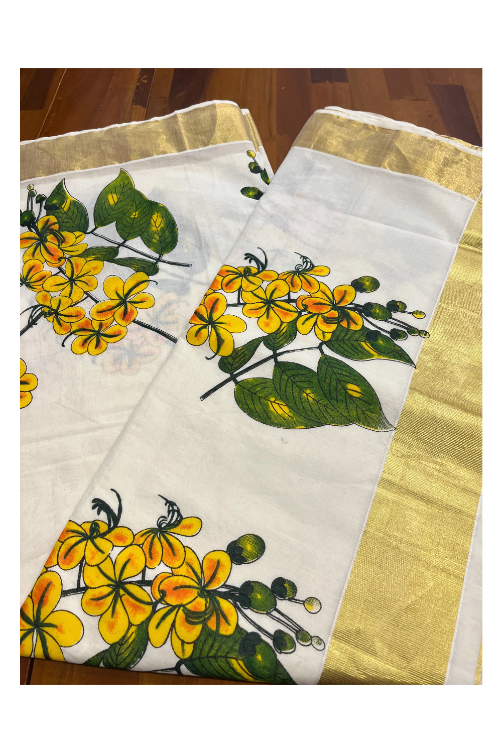 Pure Cotton Kerala Kasavu Saree with Floral Block Printed Designs