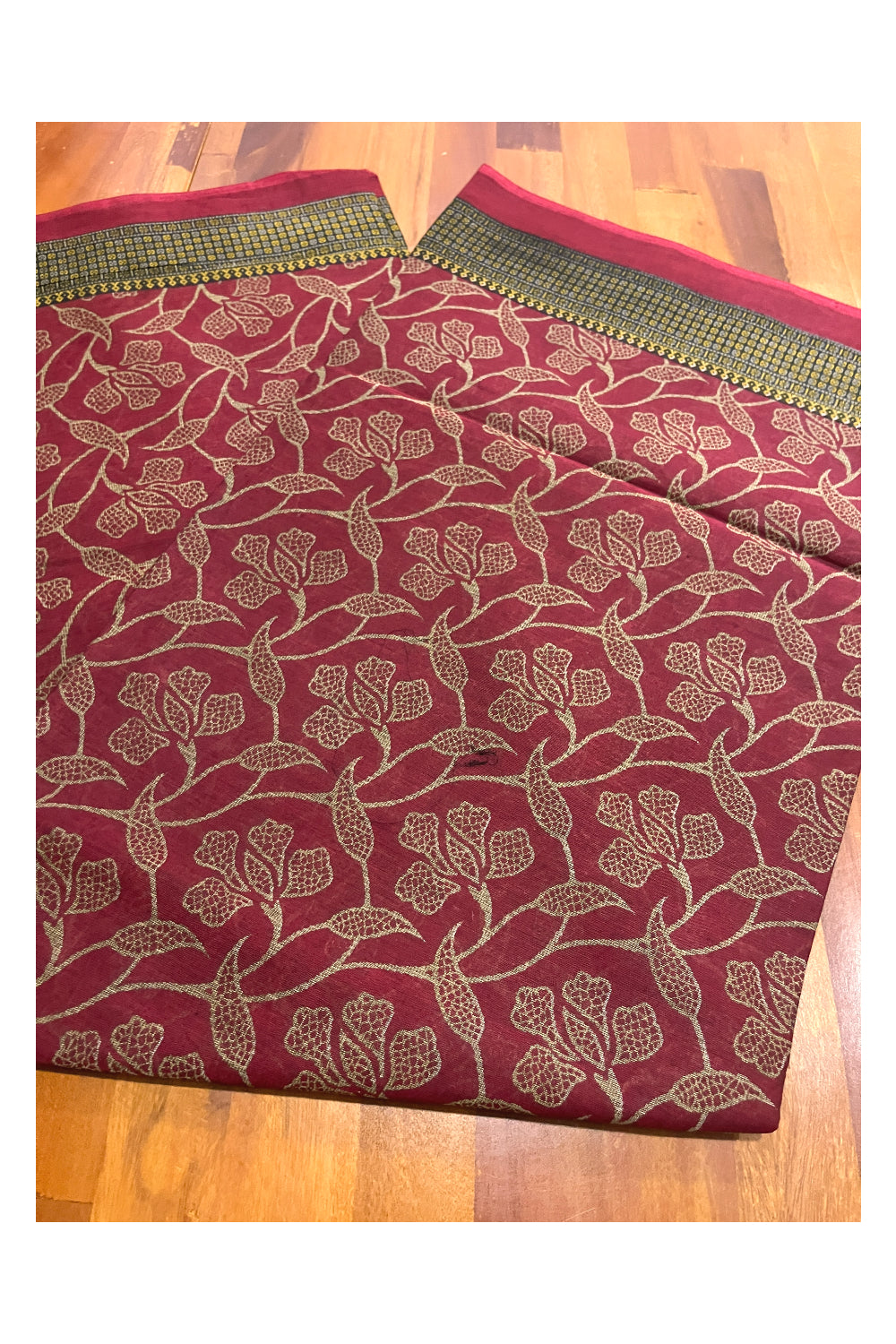 Southloom Cotton Designer Green Printed Maroon Saree