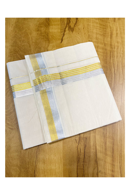 Kerala Pure Cotton Double Mundu with Silver and Golden Kasavu Border (South Indian Kerala Dhoti)