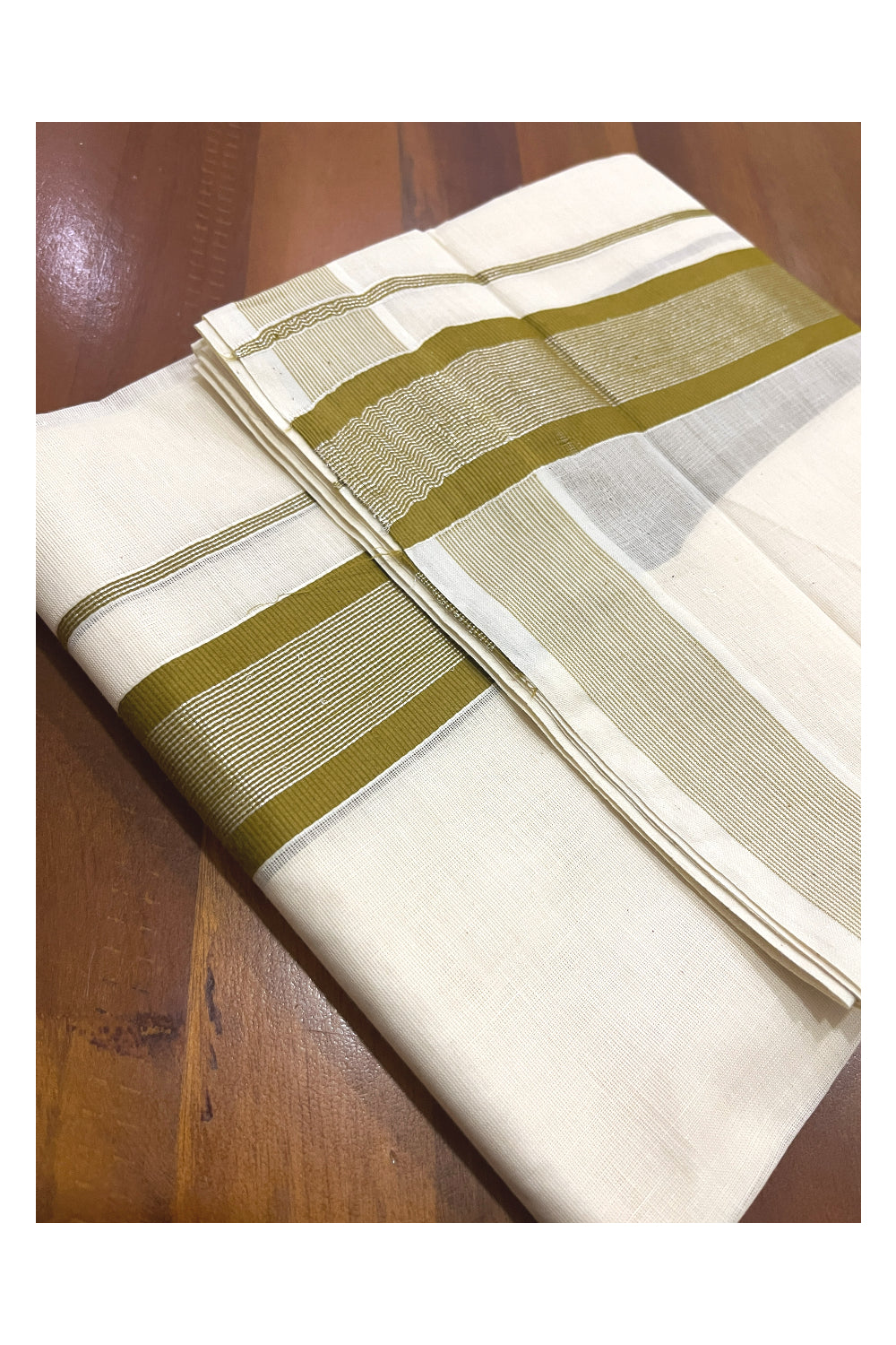 Pure Cotton Double Mundu with Olive Green and Silver Kasavu Kara (South Indian Kerala Dhoti)