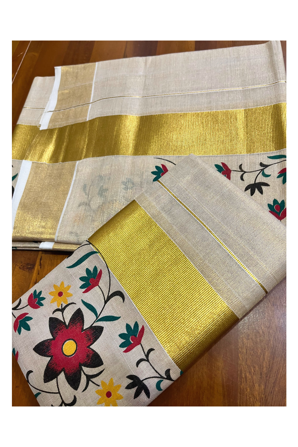 Kerala Tissue Single Set Mundu (Mundum Neriyathum) with Floral Block Prints on Border 2.80 Mtrs