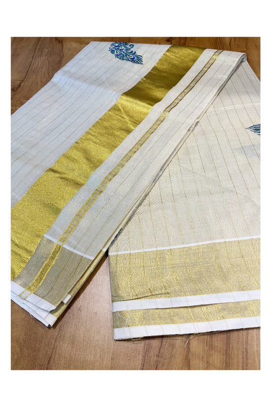 Kerala Tissue Kasavu Stripes Saree with Peacock Embroidery Design on Body