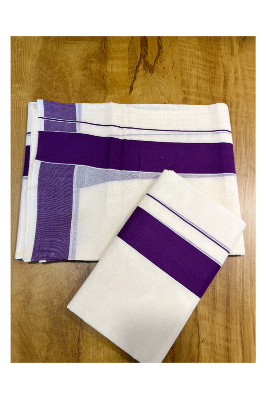 Kerala Cotton Mundum Neriyathum Single (Set Mundu) with Violet Border 2.80 Mtrs