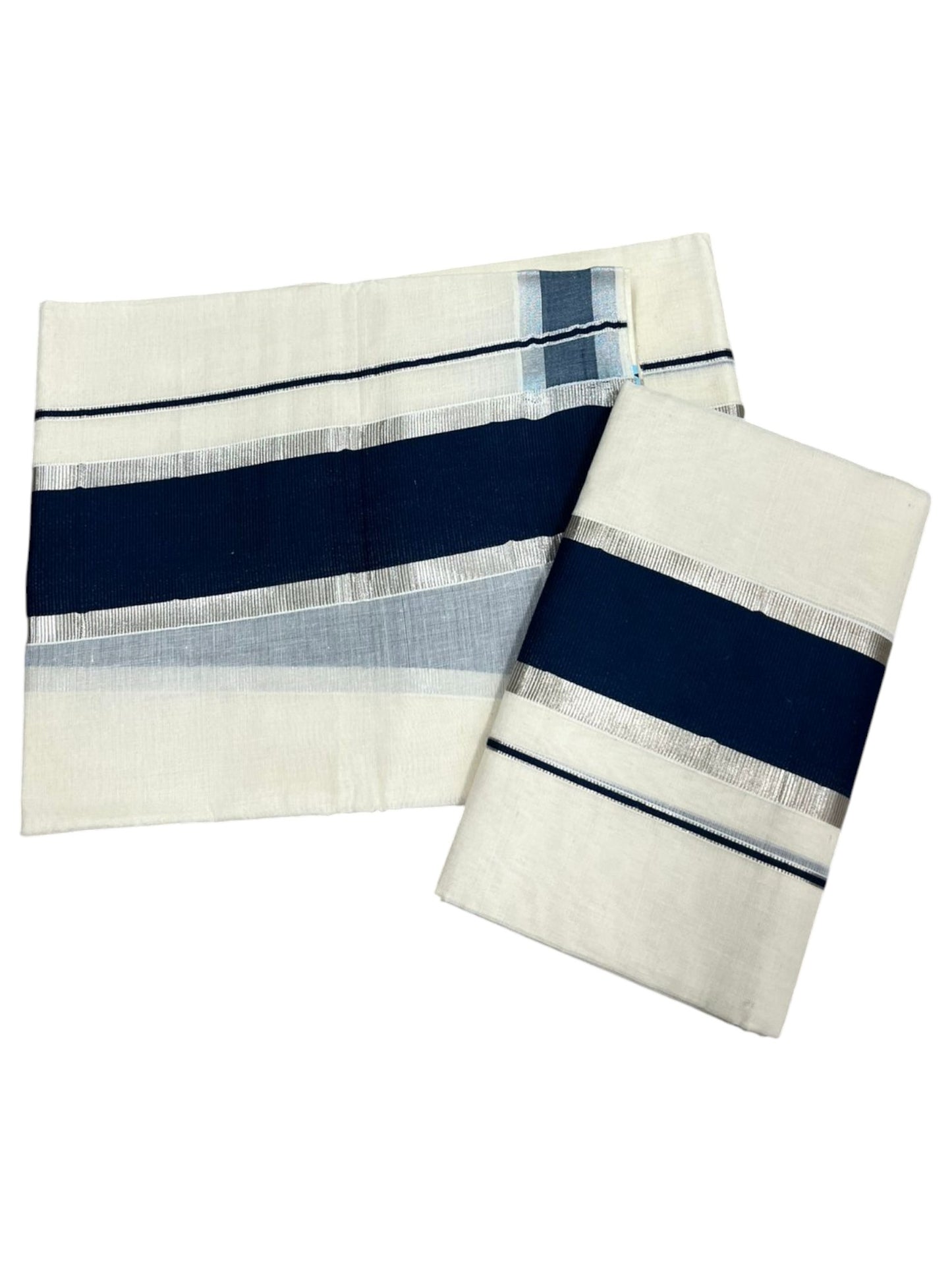 Kerala Cotton Mundum Neriyathum Single (Set Mundu) with Dark Blue and Silver Kasavu Border 2.80 Mtrs SLKK SL498