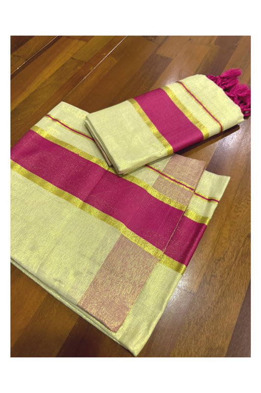 Kerala Tissue Kasavu Set Mundu (Mundum Neriyathum) with Magenta Border Tassels on Pallu 2.80 Mtrs