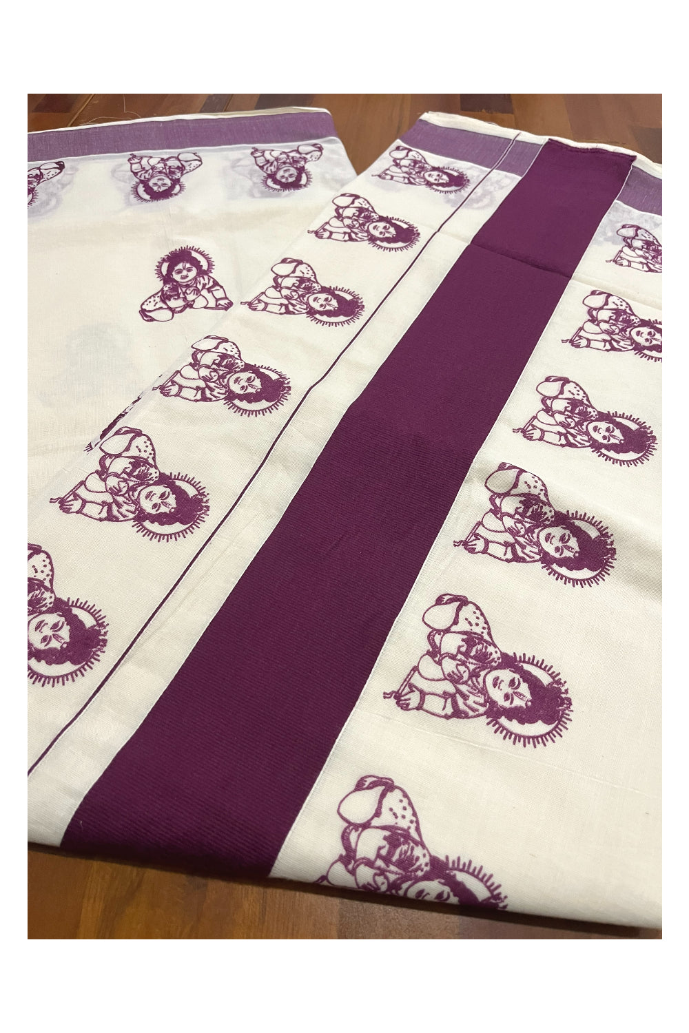 Pure Cotton Kerala Saree with Purple Krishna Block Printed Border (Onam Saree 2023)