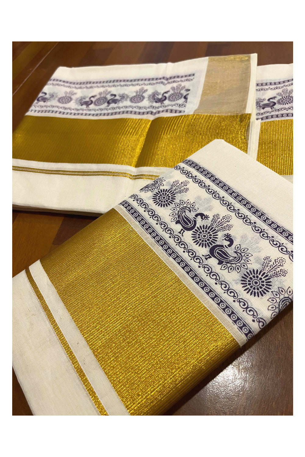 Pure Cotton Kerala Single Set Mundu (Mundum Neriyathum) with Violet Block Printed Kasavu Border (Onam 2023 Set Mundu)