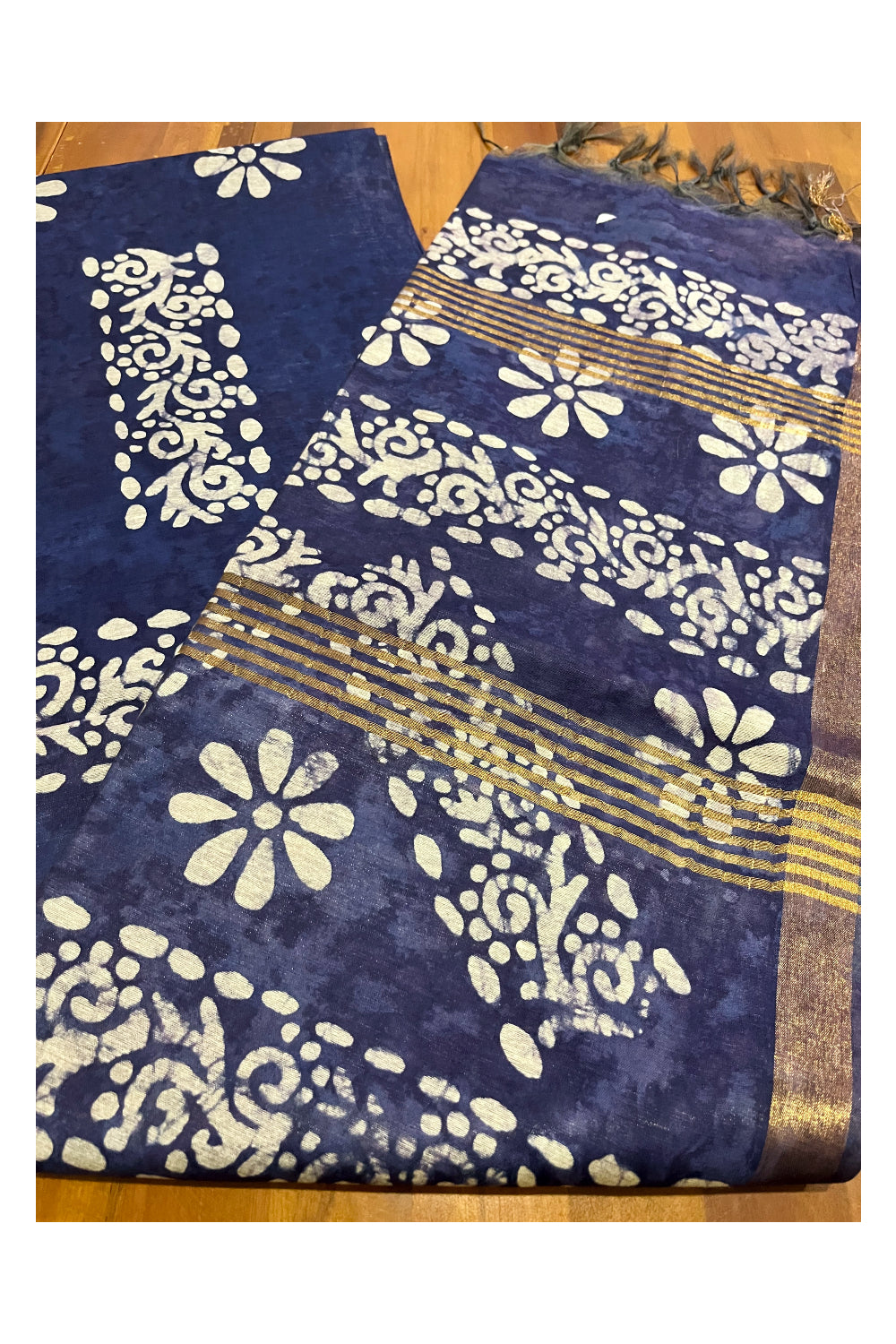 Southloom Cotton Dark Blue Saree with Baswara Prints on Body and Pallu