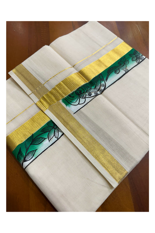 Kerala Pure Cotton Double Mundu with Hand Painted Designs on Kasavu Border(South Indian Kerala Dhoti)