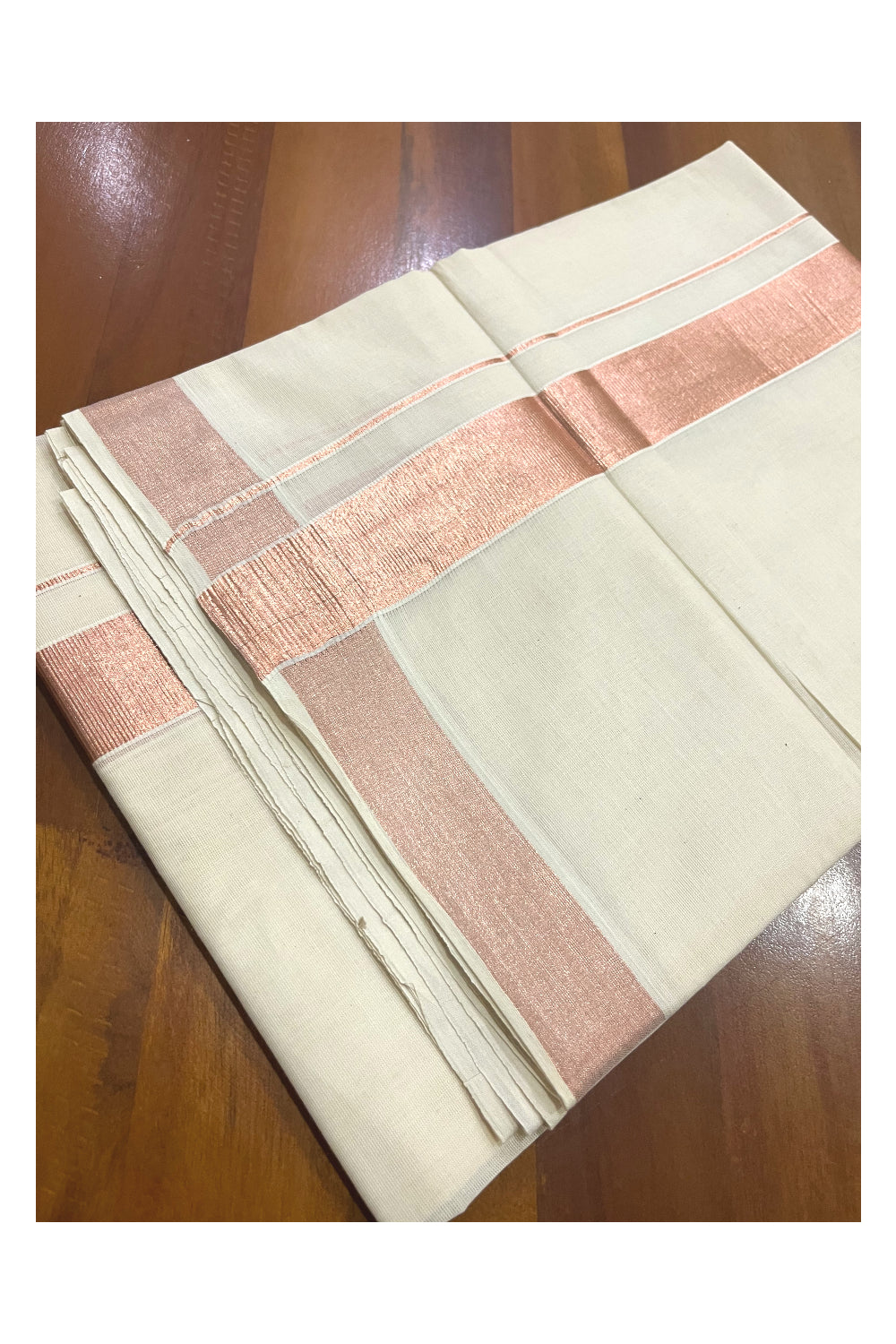 Off White Pure Cotton Double Mundu with 1.5 inch Rose Copper Kasavu Border (South Indian Kerala Dhoti)