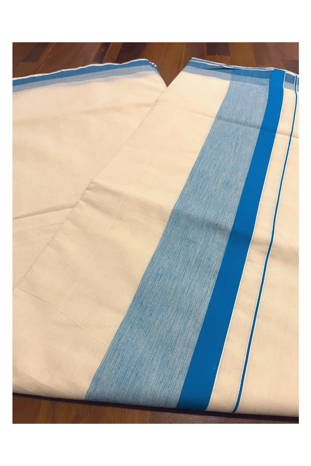 Pure Cotton Off White Kerala Saree with Blue Shaded Border (Onam Saree 2023)