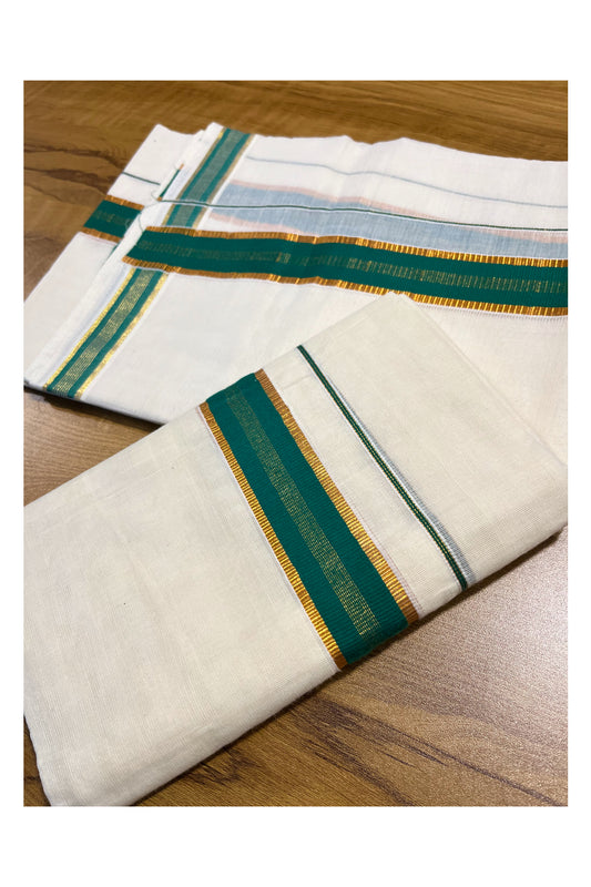 Kerala Cotton Set Mundu (Mundum Neriyathum) with Kasavu and Green Border