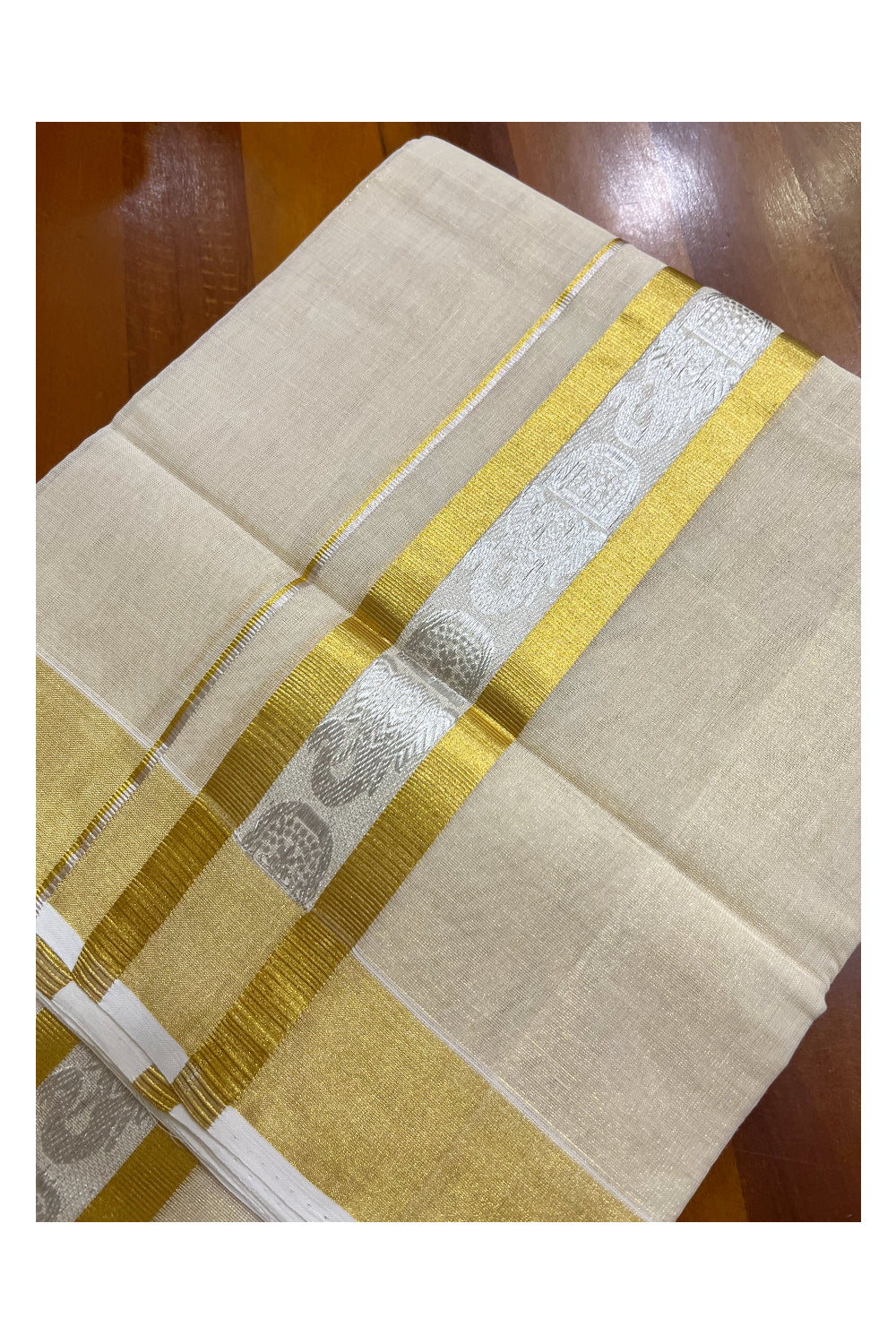 Southloom Premium Handloom Tissue Mundu with 2 inch Kasavu Border with Silver Woven Work