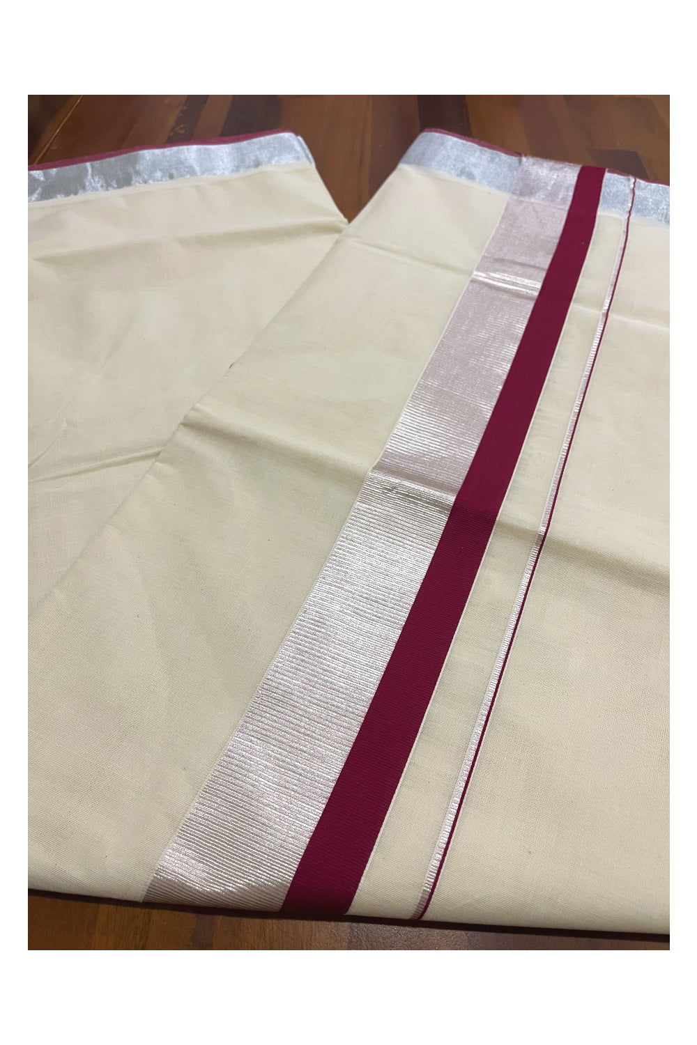 Pure Cotton Kerala Saree with Silver Kasavu and Maroon Border