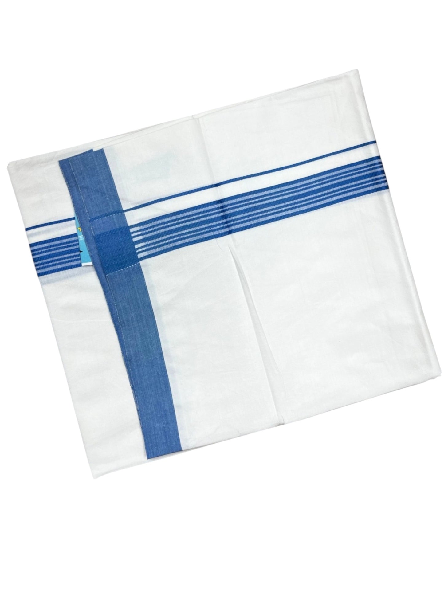 Southloom Pure White Cotton Mundu with Blue Lines Border (South Indian Kerala Dhoti)